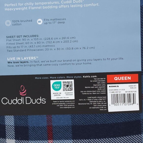 Cuddl Duds Queen Heavyweight Flannel Sheet Set Blue Plaid Soft Brushed Cotton - Picture 6 of 8